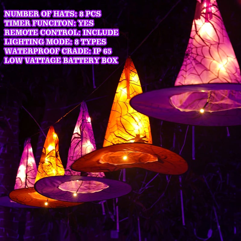 FUNPENY Halloween Decoration Lights, 8 PCS Waterproof Hanging Witch Hat with String Lights with Remote, Hanging Halloween Decorations for Indoor Outdoor Garden Yard Party Decor - Image 3